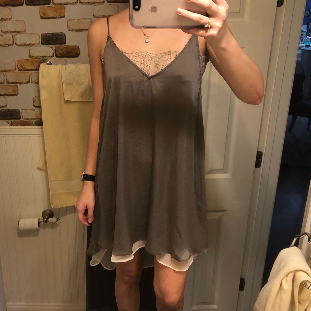 Brown Slip Dress with Lace Accents